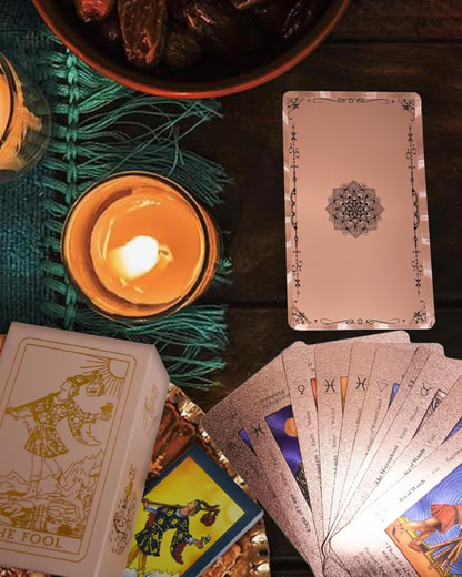 Rose Gold Tarot Cards with Guide Book Waterproof Wrinkle Resistant Foil Tarot Deck for Beginners Includes Chakras Planets Zodiac Signs Elements & Affirmations